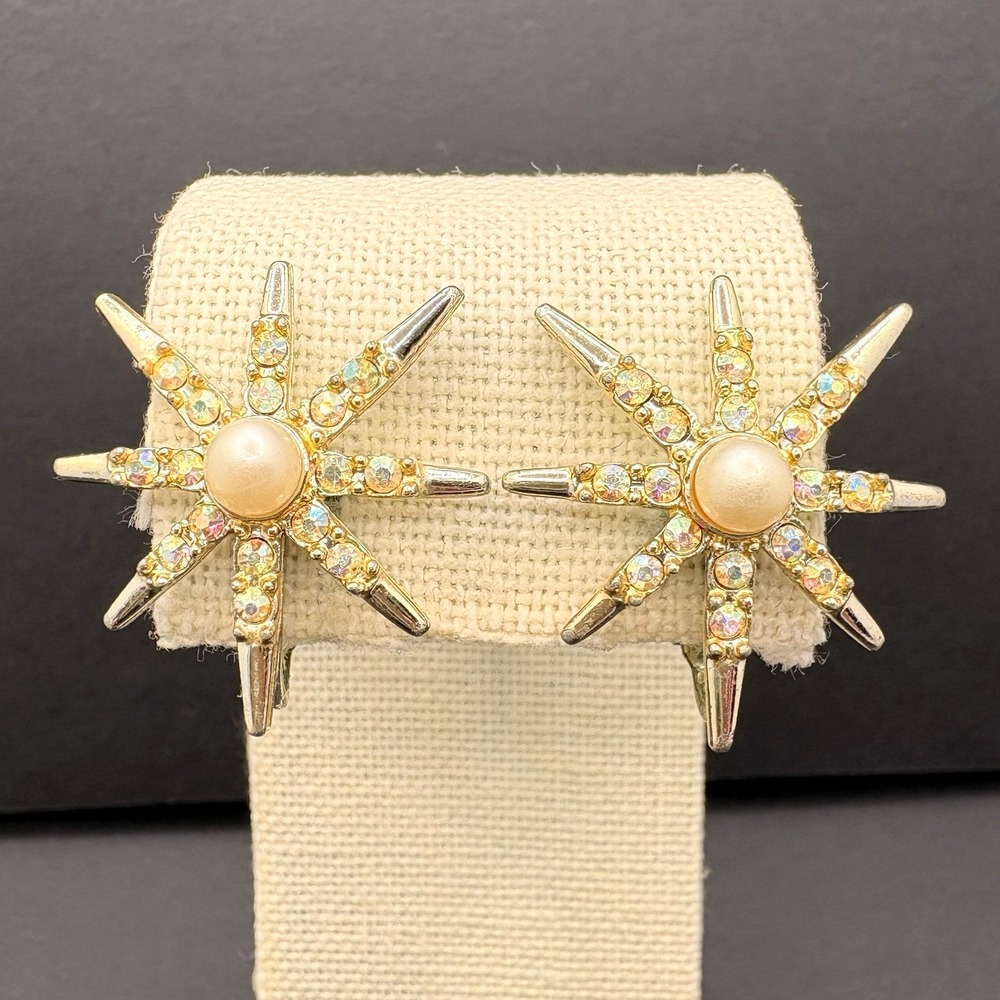 Vintage Emmons AB‎ Aurora Borealis Faux Pearl Star Sunburst Clip On Earrings
